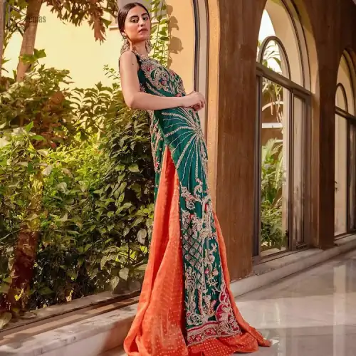 Bottle Green Front Open Shirt – Orange Sharara