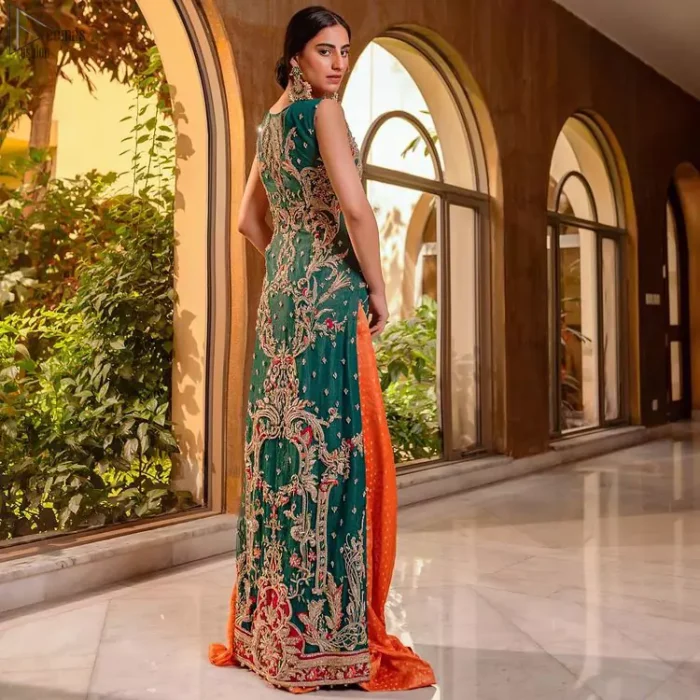Bottle Green Front Open Shirt – Orange Sharara