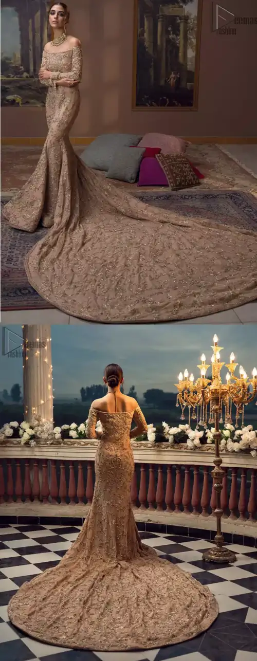 Take a step towards refreshing your wardrobe with our fawn off-shoulder back train mermaid gown. The outfit is perfected with