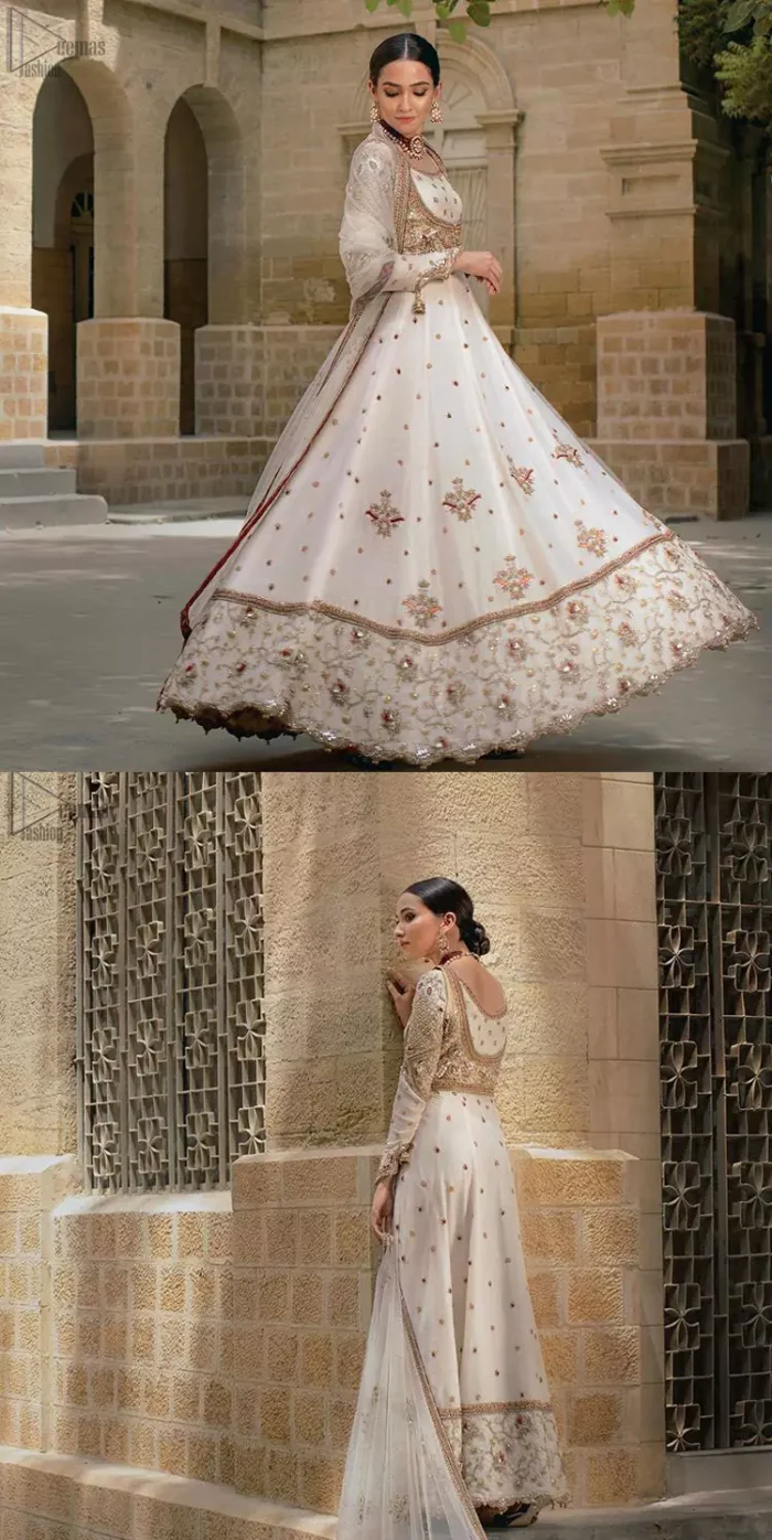 Exceptionally styled and symphonized stitching makes you gorgeous enough that it would surely make your big days remembering one. The Ivory Pishwas Frock is a true beauty when it comes to the work of perfection. Latest Nikah Dress - Ivory Pishwas Frock n Dupatta.