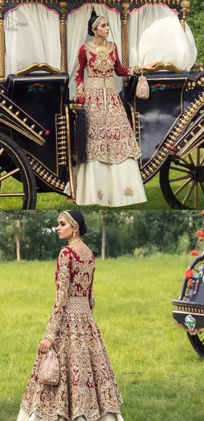 Best Nikah Dress - Red Front Open Gown Inner Ivory Lehenga Maxi. Glorify yourself by suiting up with the exceptional dress ranges from the house of DeemasFashion out of which one is here to make you graceful enough to make all jaws drop down. Red Organza with sweetheart necklined fully engraved, chantilly appliqued and giving a kind of look that you will surely love to have. Along with the elegant ivory coloured floral motifs having maxi lehenga in your drop-down menu of this gorgeous outfit. The fully embossed tea rose organza dupatta is giving major traditional vibes with scalloped borders that will surely suit your face beauty.