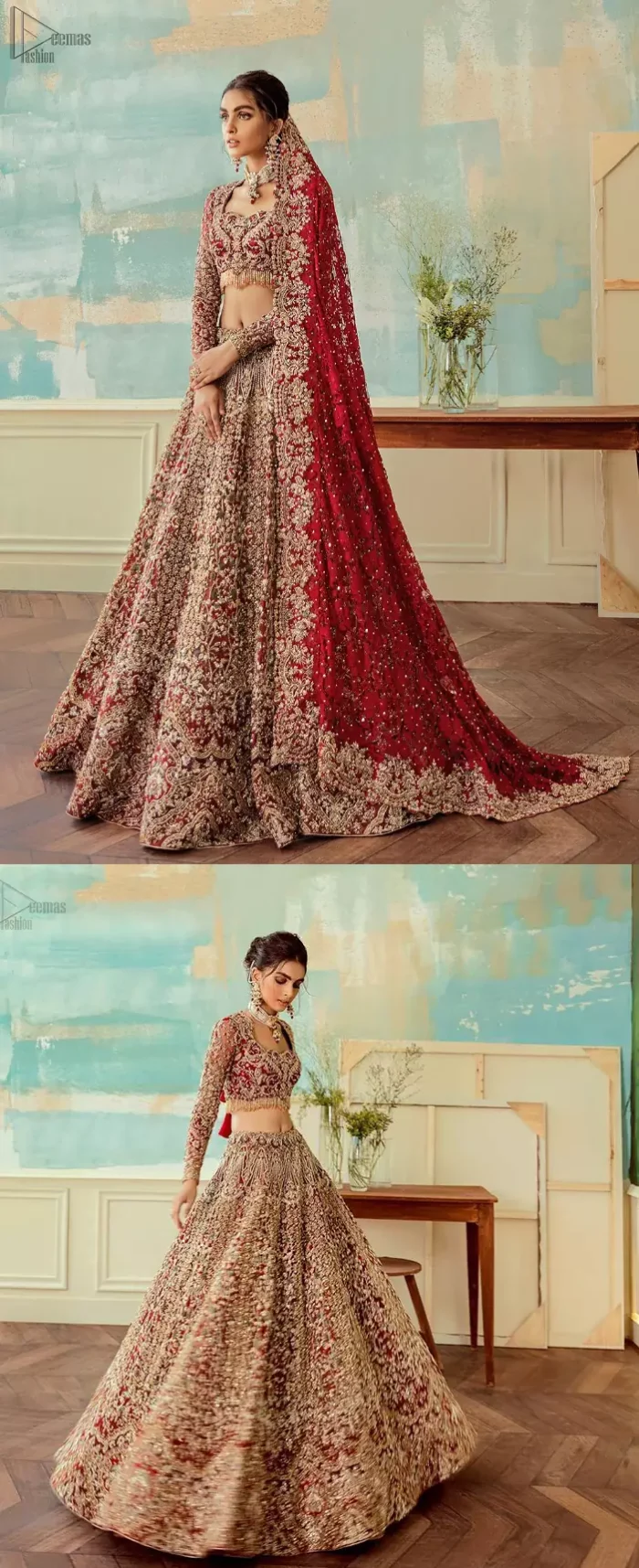 Come up with something fab on your wedding day, with a meritorious Red Lehenga Blouse. A full-sleeved attire made with pure organza follows a beautiful light golden embroidery under a stylish sweetheart neckline. This mesmerizing dress would fulfil your expectations on your reception day. Pakistani Bridal Wear - Red Sweetheart Neckline Blouse n Lehenga.