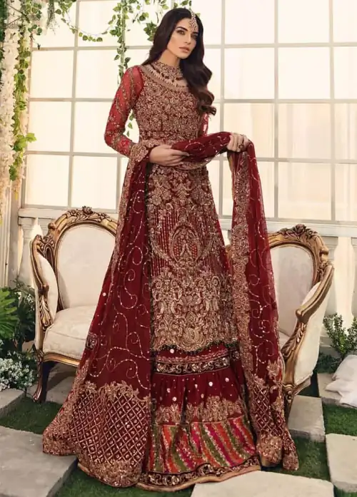 Bridal Wear Maroon Shirt n Dupatta – Chatta Patti Gharara. Framed in a Beautiful Shirt and Dupatta both in the