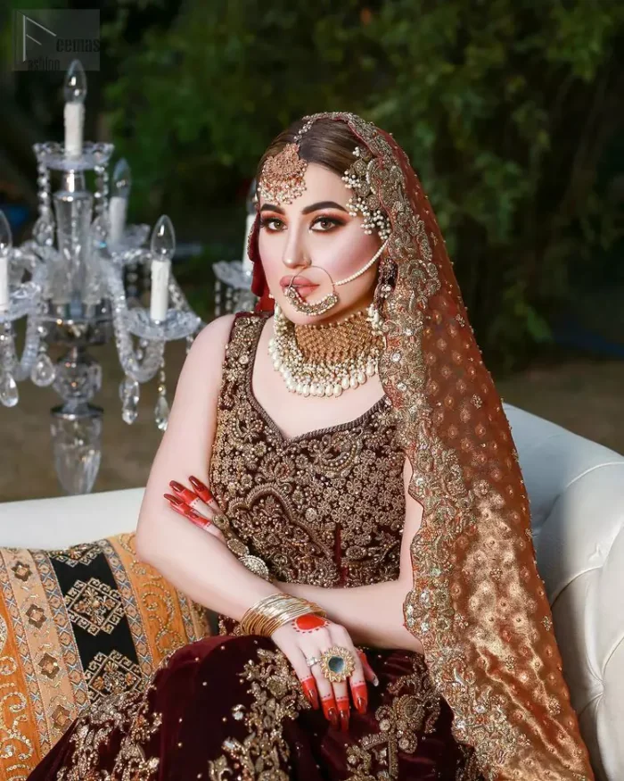 Perfect wear for all those looking for something bold yet beautiful. The Maroon Velvet Lehenga is an example of remarkable copper hand embroidery.
