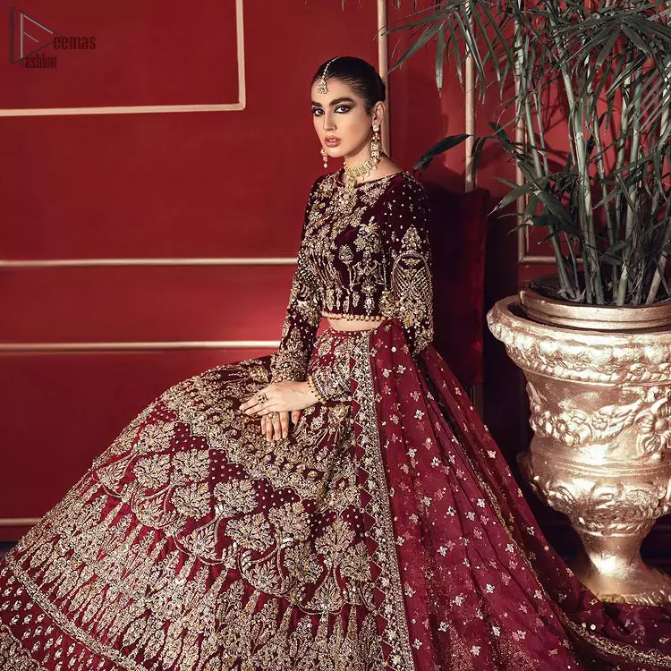 Stunning Bridal Velvet Maroon Lehenga Choli B1966 Pakistani, 40% OFF