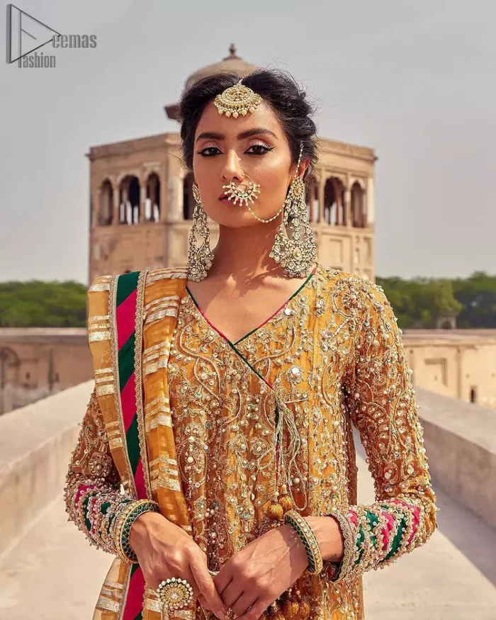 Latest Mehndi Wear - Mustard Angrakha Frock - Chatta Patti Dupatta. Presenting the Mustard Angrakha Frock, a charming Mehndi wear that will enhance your stunning personality to a whole new level.