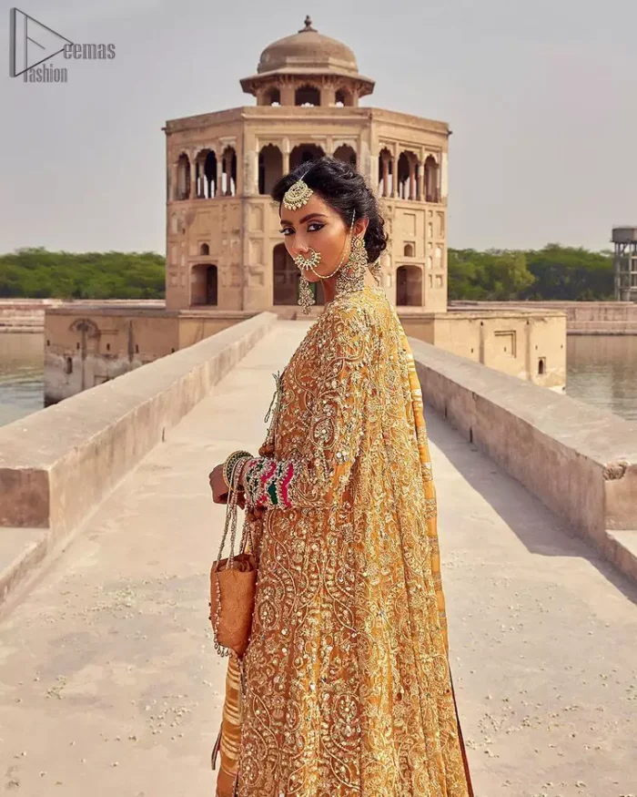 Presenting the Mustard Angrakha Frock, a charming Mehndi wear that will enhance your stunning personality to a whole new level. Made with pure organza, this mustard-coloured, full-sleeved frock comes with a graceful Chatta Patti Dupatta that perfects your looks.
