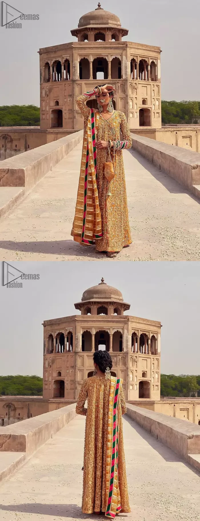 Mustard Angrakha Frock - Chatta Patti Dupatta. Made with pure organza, this mustard-coloured, full-sleeved frock comes with a graceful Chatta Patti Dupatta that perfects your looks. A beautiful touch of light golden embroidery embellished with sparkling pearls follows a fascinating churidar pajama, finally concluding the dress.