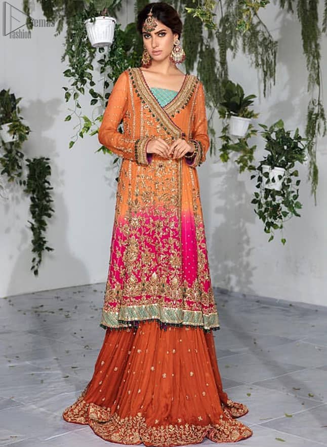 Orange Pink Angrakha Sharara – Purple Dupatta