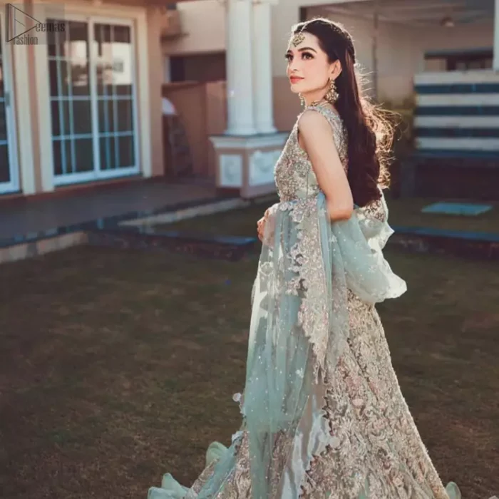 While the pearl and sequins work all over the pastel blue dupatta contributing the most to the charm. Nikah Wear - Pastel Blue Lehenga Blouse.
