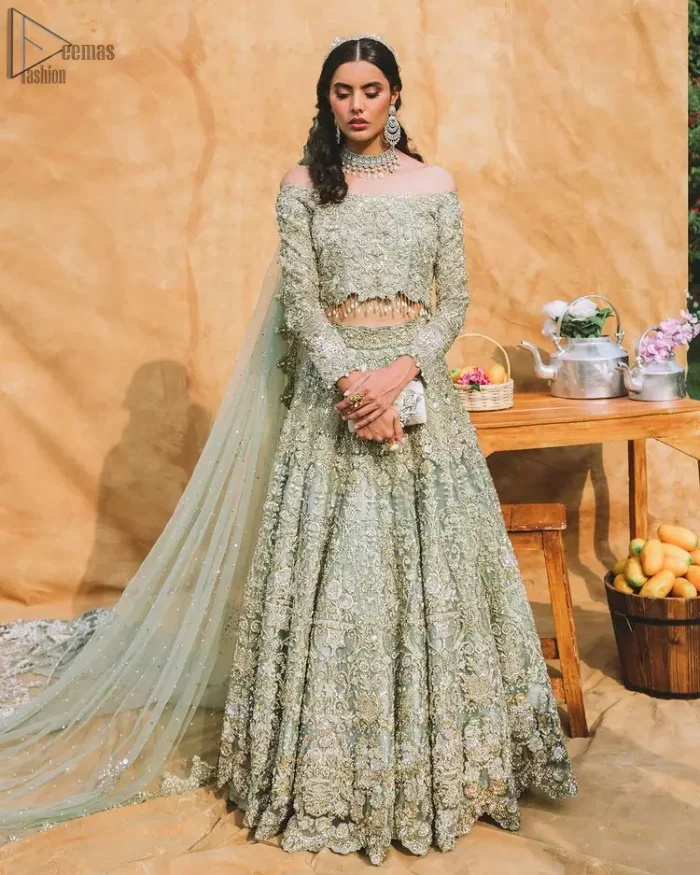 Enhance your beauty by dressing in magic. The most beautiful day of your life deserves an overall dome of perfection, which is why you need a Pastel Green Off Shoulder Blouse to make you look stunning as a bride. This fascinating full-sleeved attire comes with a graceful lehenga, both of which are made with the finest organza to comfort you and make you look fab. Adorned with sparkling pearls, tassels and embellished with silver and golden embroidery, this charming dress aims to glow with utmost perfection. A definite treat to your Nikkah or Walima.
