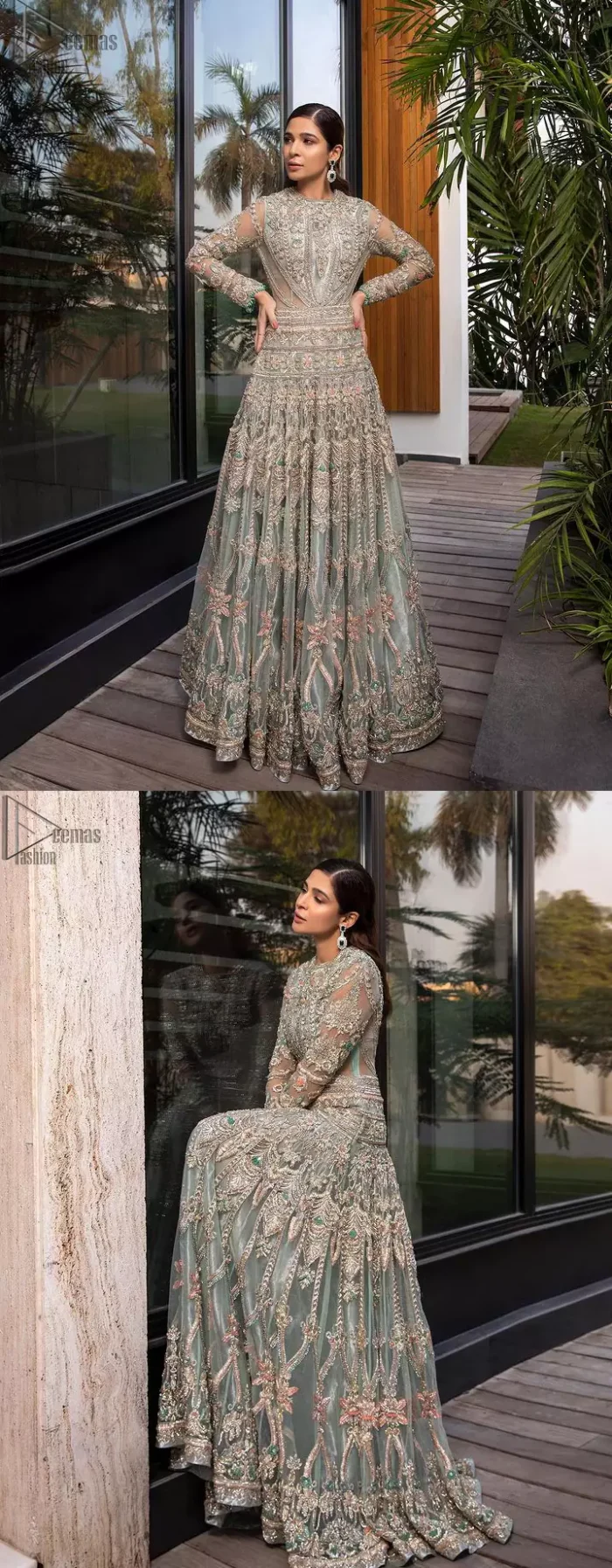 Pastel Green Large Flared Anarkali - Pakistani Wedding Gown. The bottom part of this amazing outfit comprises a lehenga with Fixed Waist Belt With Side Zip Closure. The Ivory i.e silver general embroidery with floral motifs and multicolour embroidery network on organza with finished embellished edges has its own impact. The Dupatta carried sideways have also tissue fabric with embellished four sides and finished edges. Whole this embellishment, the gorgeousness of the costume comes to the spectator noticing eye because of another unifying feature of this outfit that it is 100% imported, pure highest quality fabric.