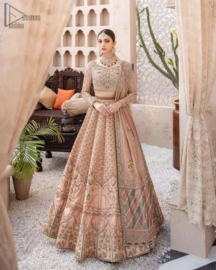 Pakistani Wedding Wear Peach Blouse Lehenga. DupattaThis breathtaking fit and flare wedding dress offers comfort without compromising on style. This nude peach colour is the perfect feminine and delicate shade with its meticulously crafted fabrication with gorgeous embroideries. The multiple colour embroidery The outfit comes with an embroidered belt. Adorned with sterling sequences and silver and crystal hand embellishments, it's a classic modern masterpiece!