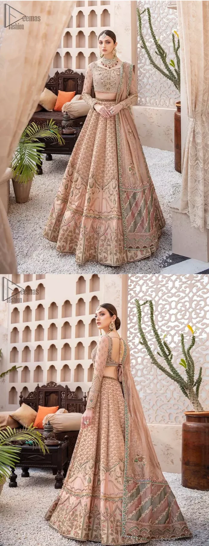 Pakistani Wedding Wear Peach Blouse Lehenga. DupattaThis breathtaking fit and flare wedding dress offers comfort without compromising on style. This nude peach colour is the perfect feminine and delicate shade with its meticulously crafted fabrication with gorgeous embroideries. The multiple colour embroidery The outfit comes with an embroidered belt. Adorned with sterling sequences and silver and crystal hand embellishments, it's a classic modern masterpiece!