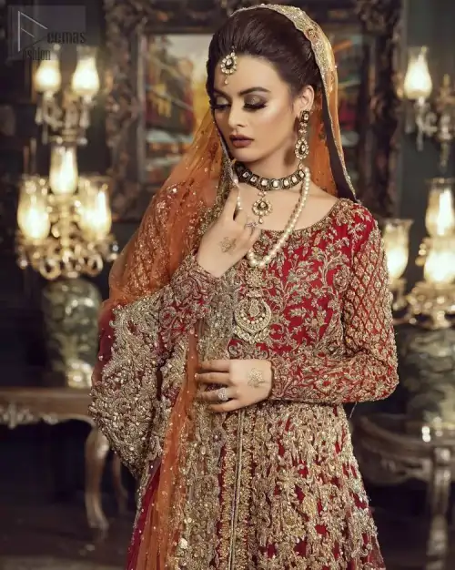 Red Front Open Back Train Maxi – Orange Dupatta