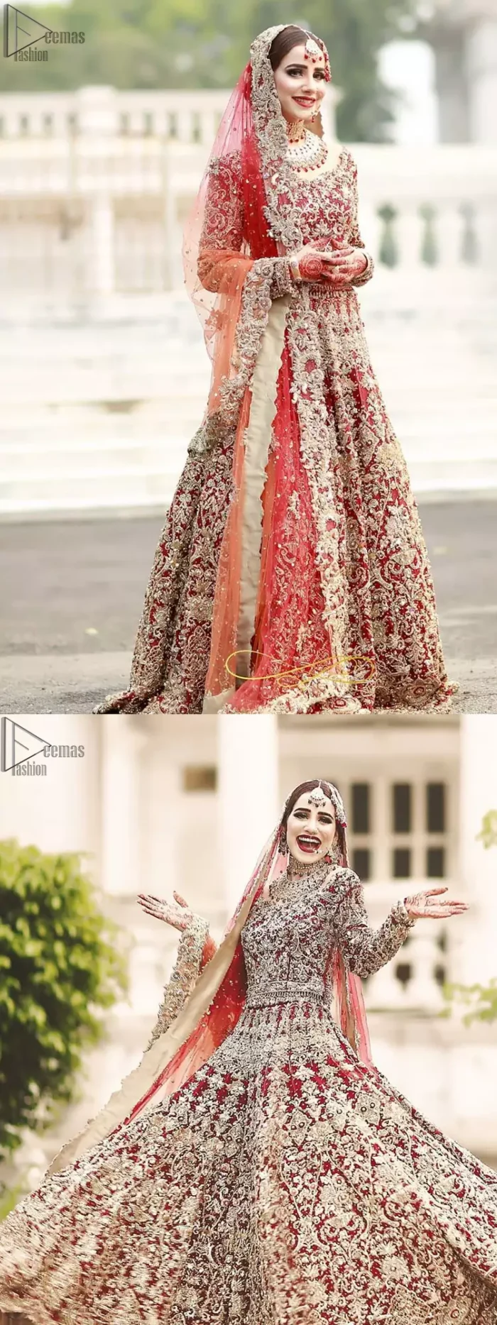 This bridal outfit is perfect for your unforgettable day. This exceptionally detailed dress is cut in a seductive fit and flare silhouette that’s sure to turn heads. Featuring a delicately embellished neckline highlighted with zardozi detailing and intricately embroidered borders. This technique gives our garments a unique look and helps to sustain a traditional craft carried out by skilled artisans across Asia. The lehenga is heavily laden with golden kora, dabka, tilla, sequins and beads work and also beautified with scalloped borders. Pair it up with heavily embroidered organza dupatta that gives the right amount of glamour to the outfit.