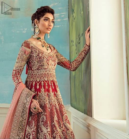 Red Lehenga Pishwas – Tea Rose Dupatta