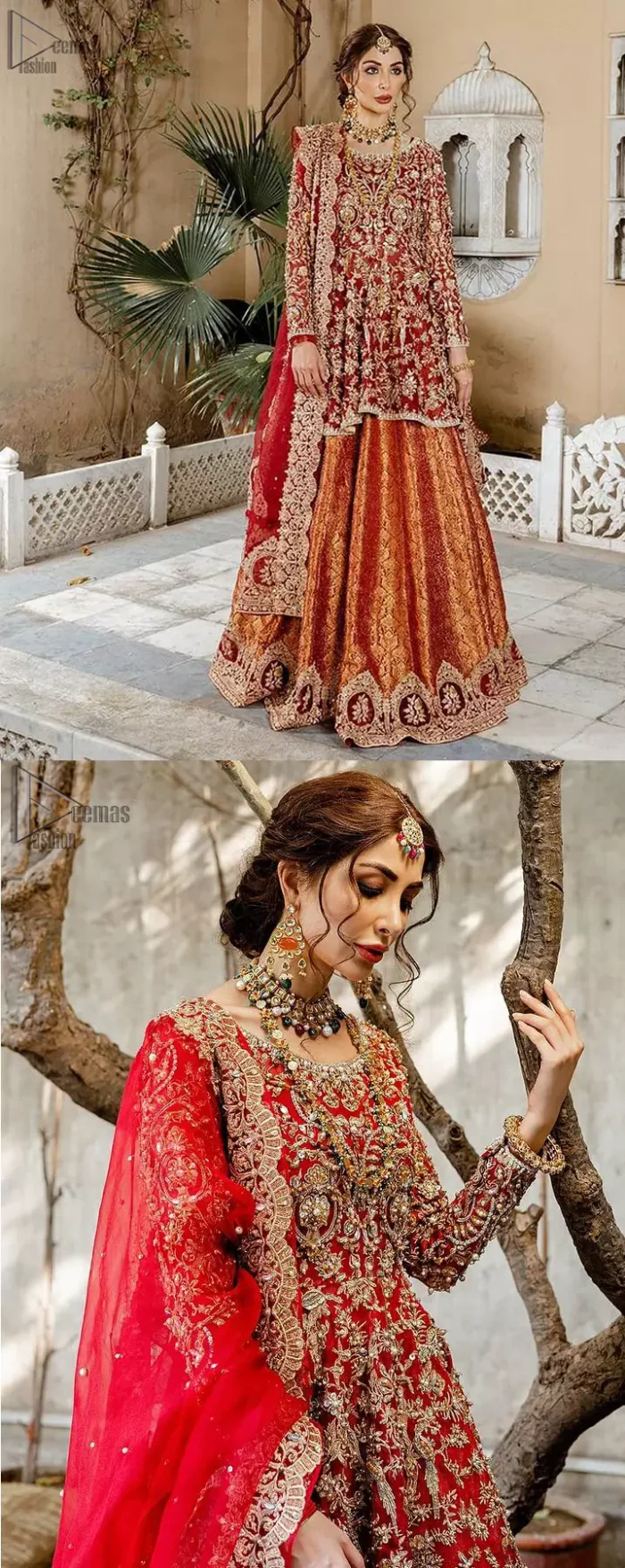 Red Bridal Peplum n Dupatta – Orange Lehenga. Red peplum with pure organza and fully engraved multi colour embroidery is such an eye-catching masterpiece that you would like to wear on your big day. Silver and golden combination of embellishment along with red pearls, Tilla Dabka, Appliques, Sequins and Zardozi work mainly gives such an eye feasting outfit to wear. The rounded, neckline and full sleeves give it a proper finishing in a beautiful attractive peplum style with Kattan Banarsi Jamawar exquisite Lehenga. With a concealed side zip closure along with floral motifs having finished edges. The Red organza dupatta has four-sided embellished borders.