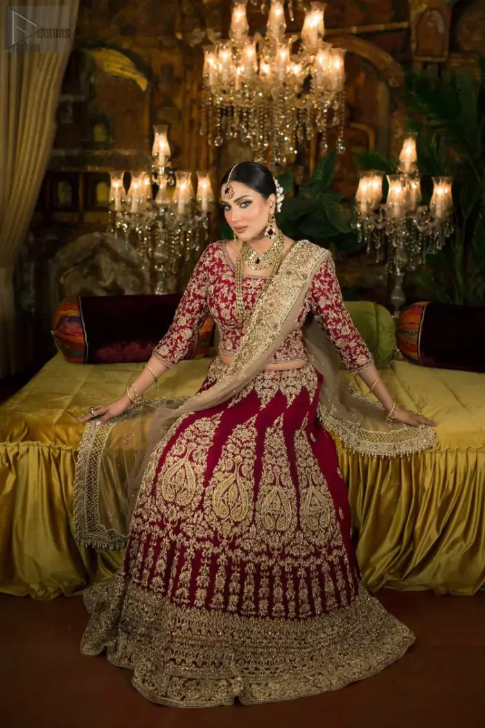 Looking perfectly gorgeous is not a mere utopia. You already appear stunning but with the Crimson Lehenga Blouse on you, things will definitely get unimaginably beautiful. A marvellous combination of a three-quarter sleeved Crimson blouse choli, an elegant lehenga and a tan net dupatta, dazzle up the dress with unexplainable enchantment. The attire features a heavy centre panel and a mesmerizing round neckline, designed with skill and accuracy. To add more to its exquisiteness, a fascinating work of golden embroidery follows an outstanding adornment of floral motifs. Graceful as it is, pure organza blooms its meritoriousness, making the dress a whole treat to your reception day.