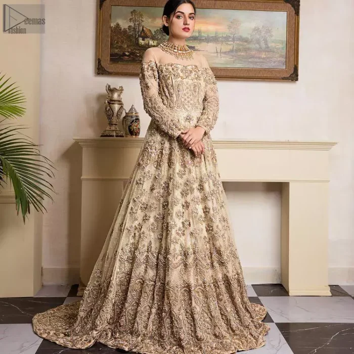 The imperial appearance of this ravishing bridal wear is worth a fortune. With complete style, this attire would serve you with great honour on your walima or nikkah day.