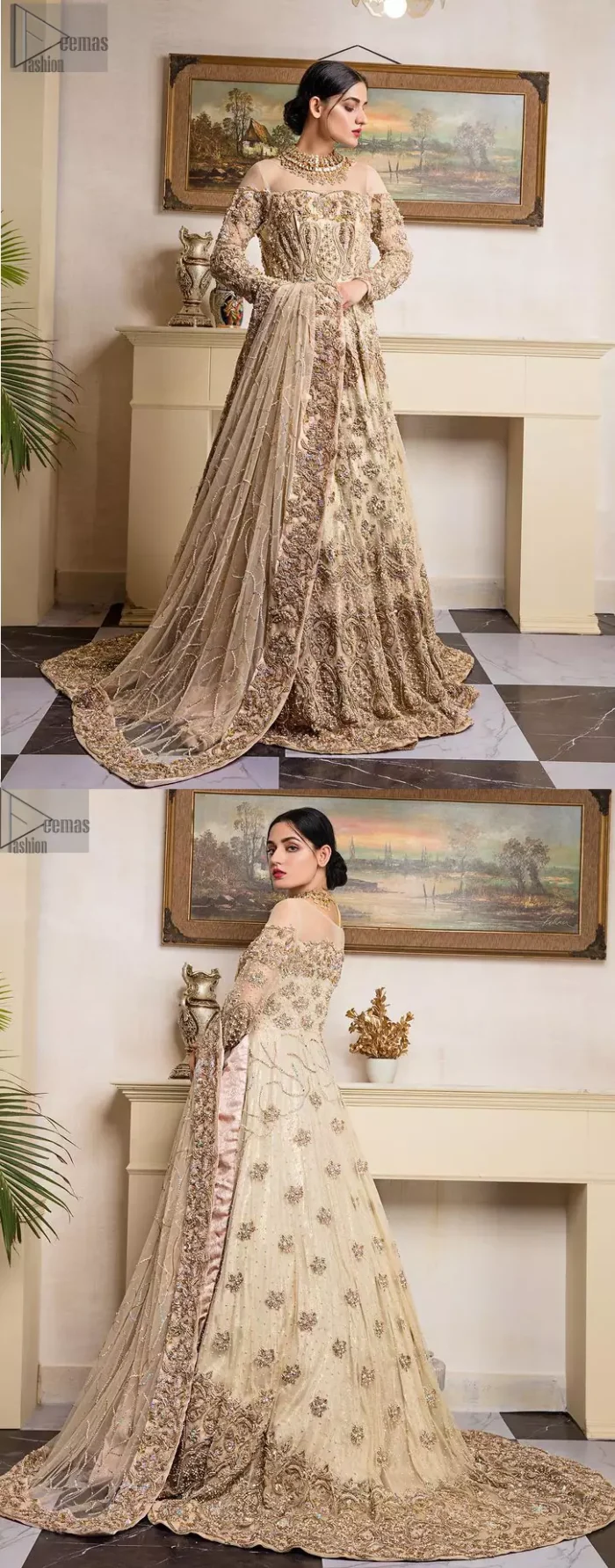 Shine like a diamond with the Ivory Back Train Maxi, a charming full-sleeved bridal wear with a unique majestic illusion neck, making you the distinctive queen of the night.
