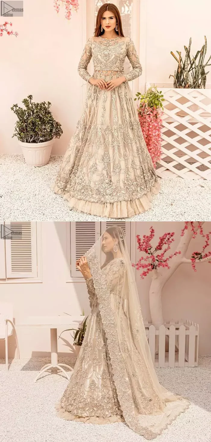 A combination of glamorous ivory organza Pishwas, a ravishing net lehenga and a traditional dupatta is sure to dazzle up your admirable persona on walima or nikkah day.