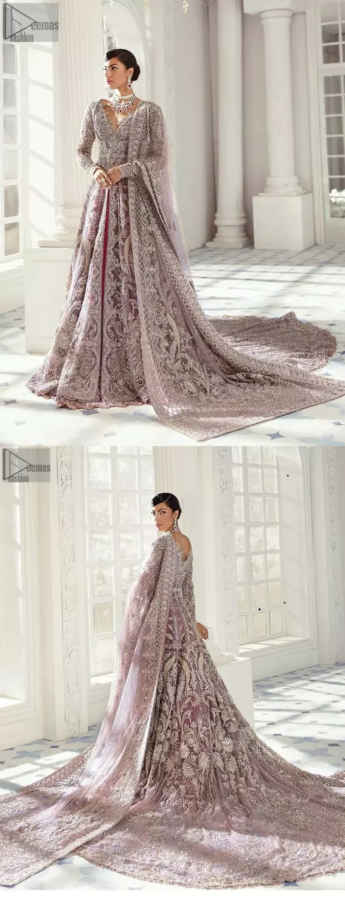 Every bride is the queen of her big day, which is why she deserves an imperial look. The Tea Pink Front Open Maxi Dupatta serves the most queenly gorgeousness with its royal full sleeves and a ravishing front open. But it's not all so simple, a complex and skilful work of silver and light golden embroidery, under its stunning V-neckline, adds more to its worth. The very meritorious back train and its exquisite dupatta with criss-cross patterns mark this exceptional attire as an embodiment of true royalty. Gracefulness along with extreme beauty is what we are looking for, hence, the dress is made with fine organza making the dress fully ready to gratify your imaginations on your Nikkah or Walima.