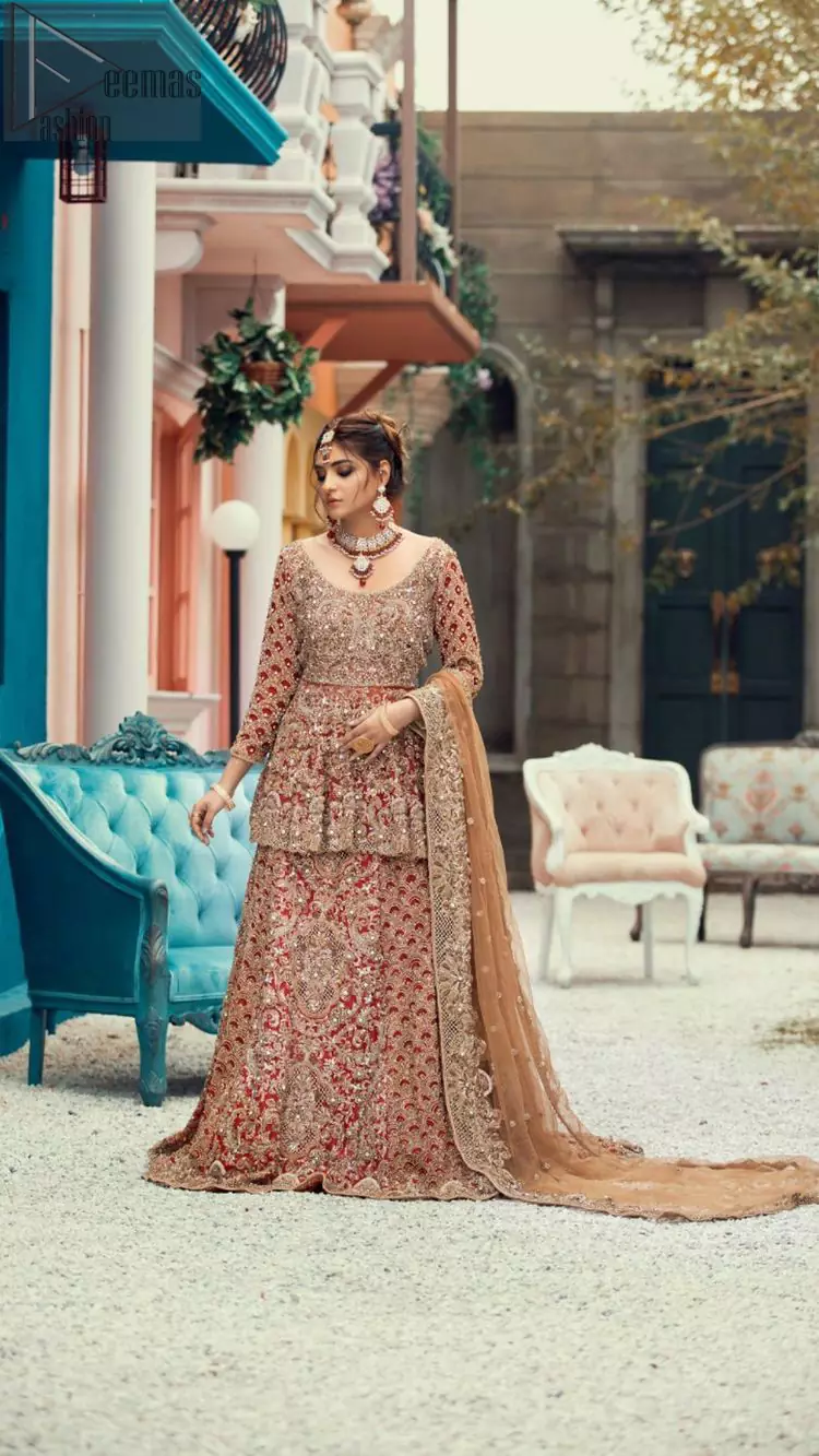 Red Peplum and Lehenga with Rust Net Dupatta. It features a highly remarkable back train and is decorated with fascinating criss-cross patterns. charming as it is, the very exquisite dress code includes a mesmerizing organza peplum, a gorgeous organza lehenga and not to forget, the traditional touch with a net dupatta. 