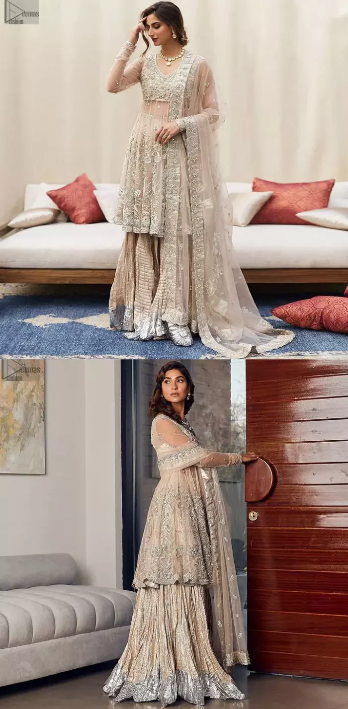 Your aesthetic evening party deserves a little extra treat with your guests admiring you in a Light Fawn Peplum Dupatta. Light Fawn Peplum Dupatta – Crushed Sharara.