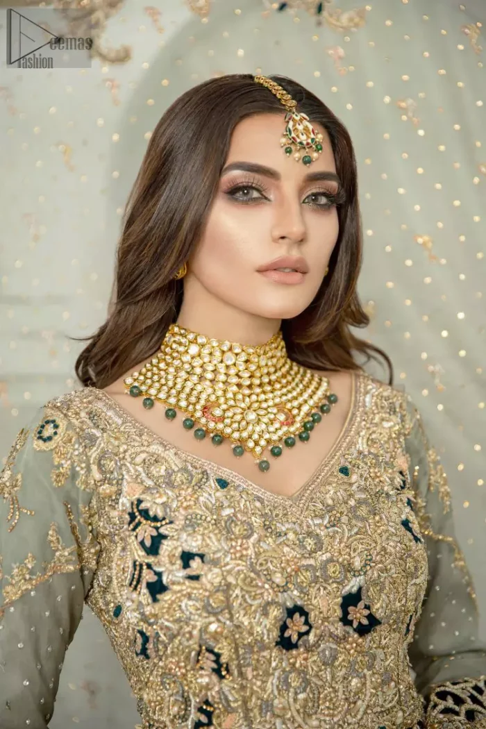 Be the glamorous star of the night on your walima. A mixture of royalty and traditional worthiness guarantees a ton of admirers, which is why the full-sleeved Pastel Green Back Train Lehenga.
