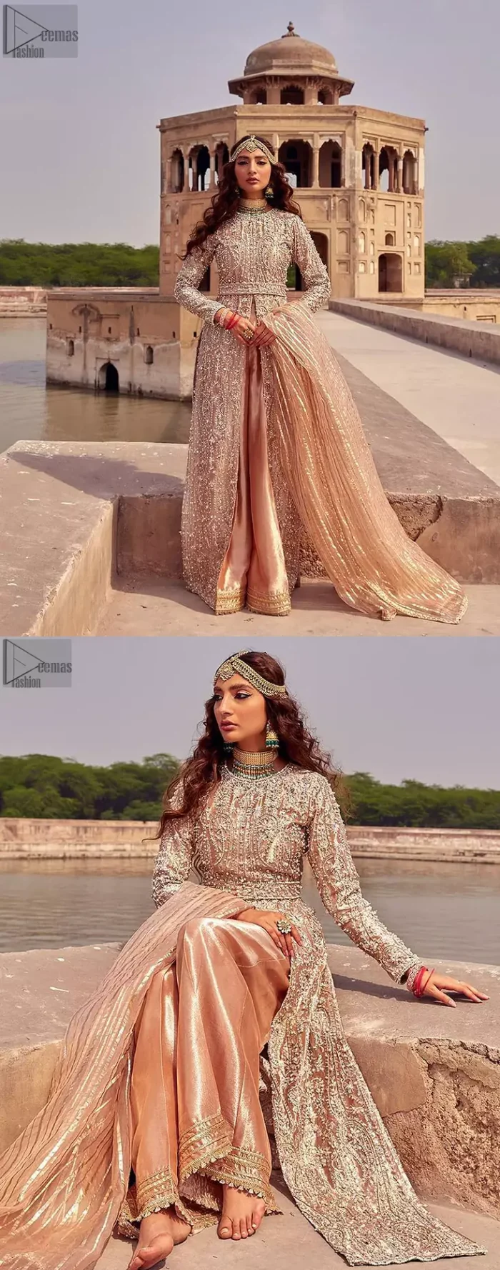 the dress with a tissue dupatta and graceful palazzo pants makes you the center of attention on your big day. Peach Front Open Gown Palazzo Pants – Dupatta.