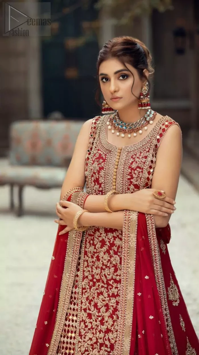 A marvellous back train, an elegant can-can style, styled with a ravishing criss-cross pattern and decorated with floral motifs. Red Center Panel Back Train Maxi n Dupatta.