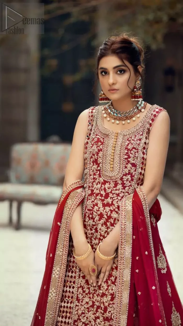 A marvellous back train, an elegant can-can style, styled with a ravishing criss-cross pattern and decorated with floral motifs. Red Center Panel Back Train Maxi n Dupatta.