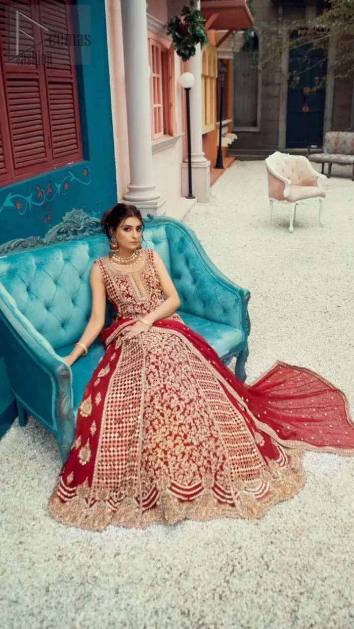 A marvellous back train, an elegant can-can style, styled with a ravishing criss-cross pattern and decorated with floral motifs. Red Center Panel Back Train Maxi n Dupatta.