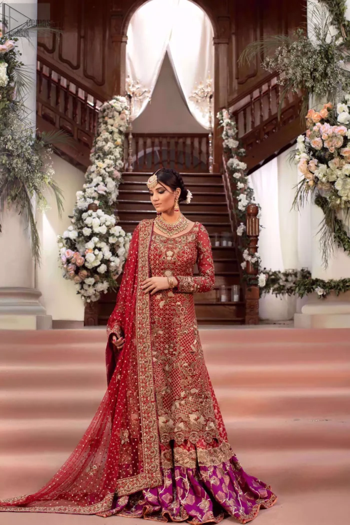 For your wedding ceremony, you ought to enhance your gorgeousness with a Red Long Shirt Dupatta, exclusively designed by Deemas Fashion. Red Long Shirt - Two Tone Farshi Gharara - Reception.
