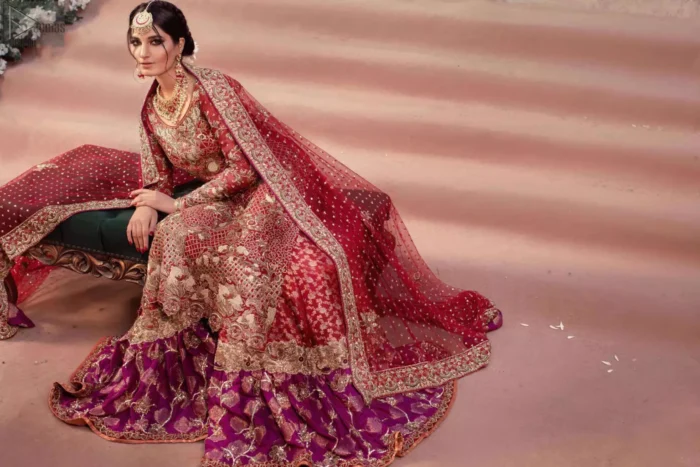 For your wedding ceremony, you ought to enhance your gorgeousness with a Red Long Shirt Dupatta, exclusively designed by Deemas Fashion. Red Long Shirt - Two Tone Farshi Gharara - Reception.