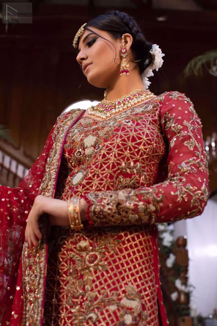 For your wedding ceremony, you ought to enhance your gorgeousness with a Red Long Shirt Dupatta, exclusively designed by Deemas Fashion. Red Long Shirt - Two Tone Farshi Gharara - Reception.