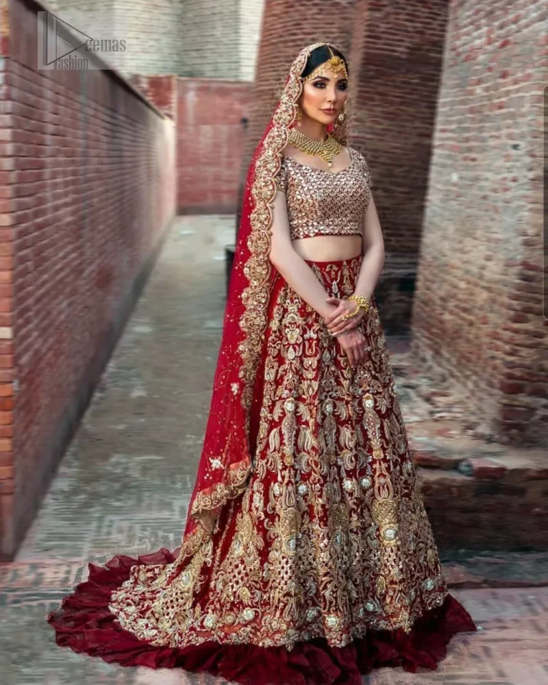 Red Ruffled Back Train Lehenga Blouse – Dupatta. On your perfect day, let all admire your elegance with Red Ruffled Back Train Lehenga Blouse.