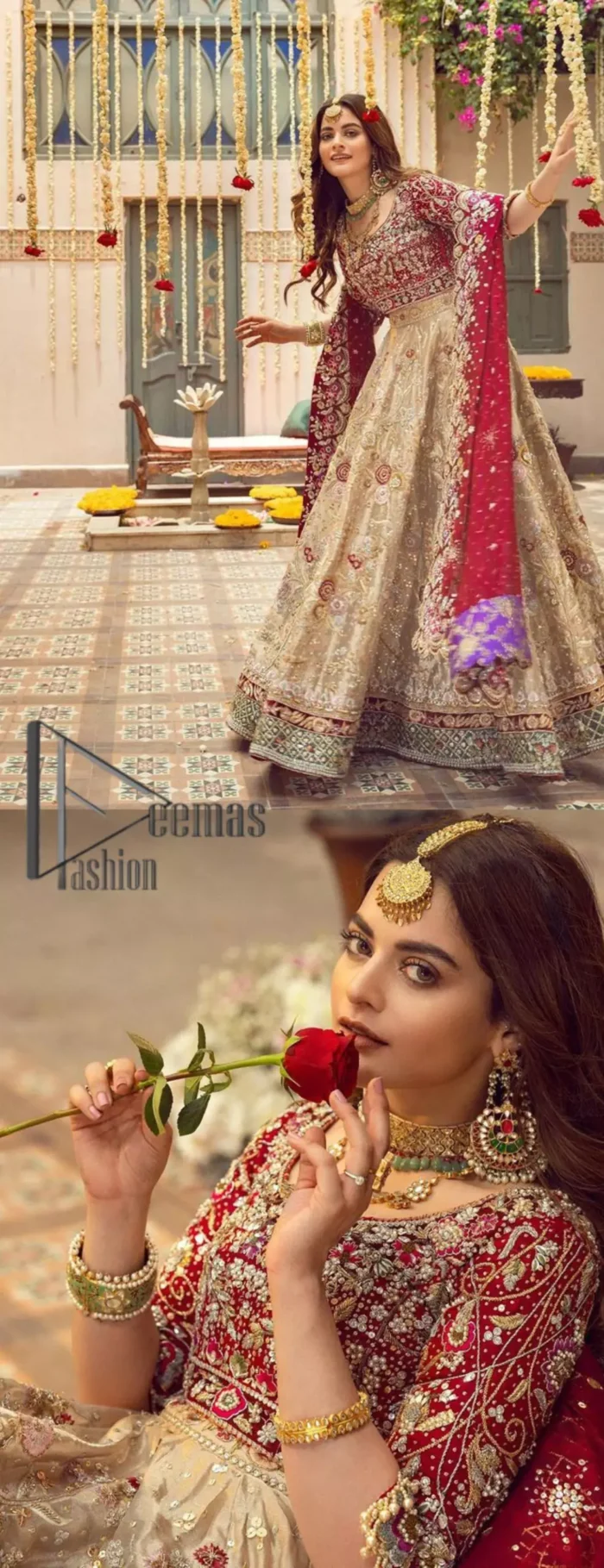 It's distinctive how the new-gen brides are welcoming red and beige shades for their bridal outfits as well. So Welcome your guest to this charming beige lehenga. The three quarter-sleeved Red Blouse  got it all for you. In addition to this, the Beige lehenga have embellished border embroidery and floral embroidery in dabka, kora work that give the stunning look. Furthermore, it is enhanced with embroidered applique bottom. The organza red dupatta that has a scalloped applique border all around the edges makes the look complete and comprehensive.
