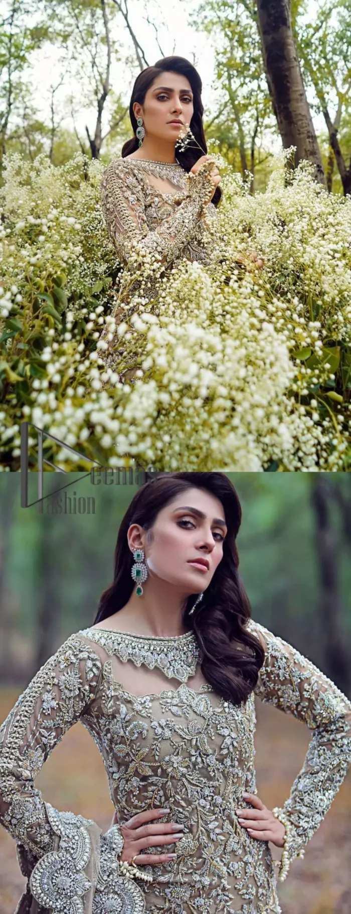 Fawn tunes for the reception? Hell Yes So just glow like a diamond with the Fawn Back Train Maxi, a delightful full-sleeves bridal wear with a unique splendid illusion neck, making you the particular queen of the event. The bottom ruffling of maxi is in super contrast with a dupatta that looks gorgeous. Dupatta has its own grace here with this splendid outfit too in fawn colour with organza fabric and large coverage area with a heavy appearance of floral motifs.