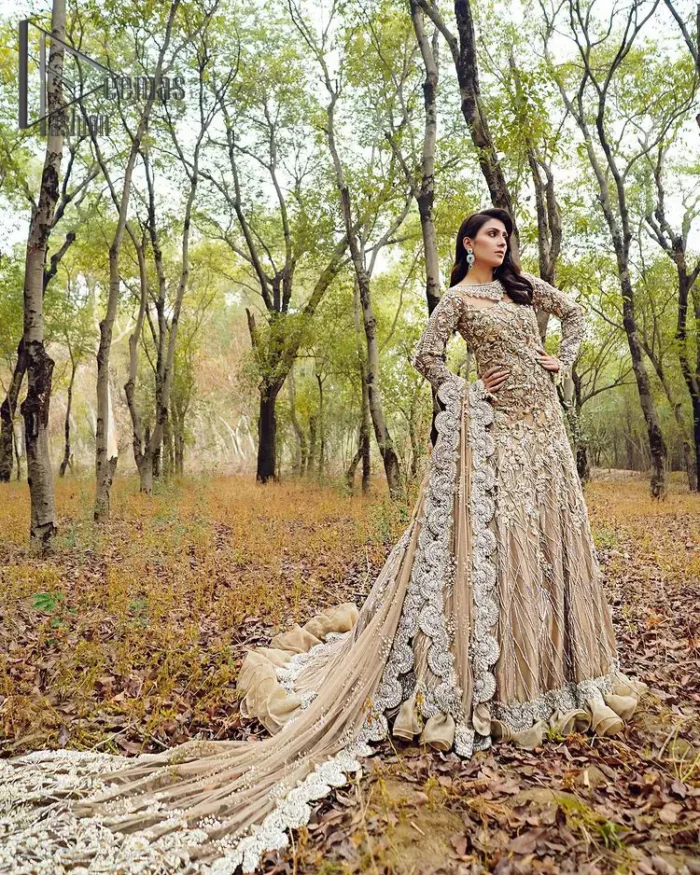 Fawn tunes for the reception? Hell Yes So just glow like a diamond with the Fawn Back Train Maxi, a delightful full-sleeves bridal wear with a unique splendid illusion neck, making you the particular queen of the event. The bottom ruffling of maxi is in super contrast with a dupatta that looks gorgeous. Dupatta has its own grace here with this splendid outfit too in fawn colour with organza fabric and large coverage area with a heavy appearance of floral motifs.