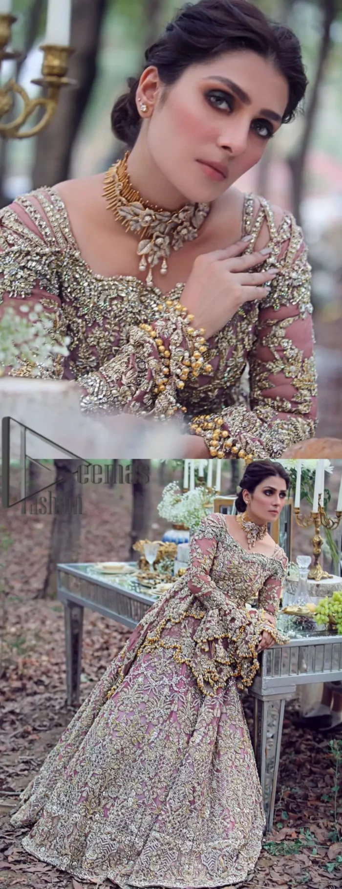 Celebrating the joy of togetherness with the light purple outfit. Grace is symbolized when it gets paired up with a light purple dupatta having a golden border and applique finishing all around the edges. The frilled sleeves of this peplum look stunning with its sweetheart neckline.  The bottom of the peplum is emphasized with an elegant arrangement of floral bunches and layer patterns. Accompanied by a matching lehenga decorated with golden zardozi work so that bride looks super-duper gorgeous on her walima day.