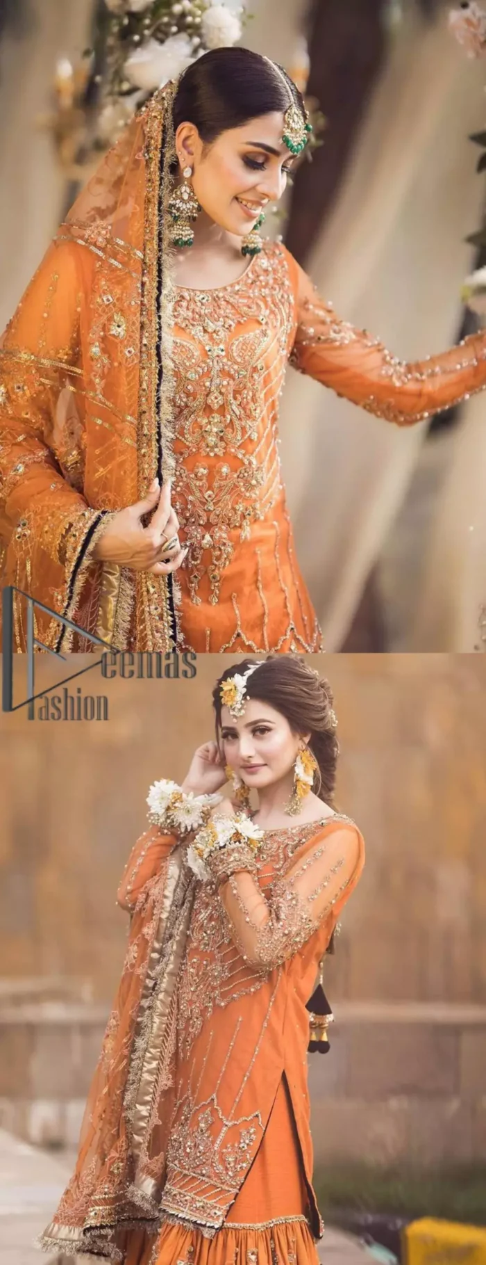Time to treat yourself with an orange article of Deemas Fashion. This orange heartiest mealtime article will twirl your heart.  Prettify your Mehndi look with this orange short shirt that is embellished with tilla, kora and dabka work. Its rounded neckline with full sleeves gives you a genuine feeling of a bride. It is synchronized with flayer orange sharara that has an embellished border and spray of tiny floral motifs that gives a super aesthetic look to this dress. Finish this look with a net dupatta that has four sides embellished border and Kiran work.