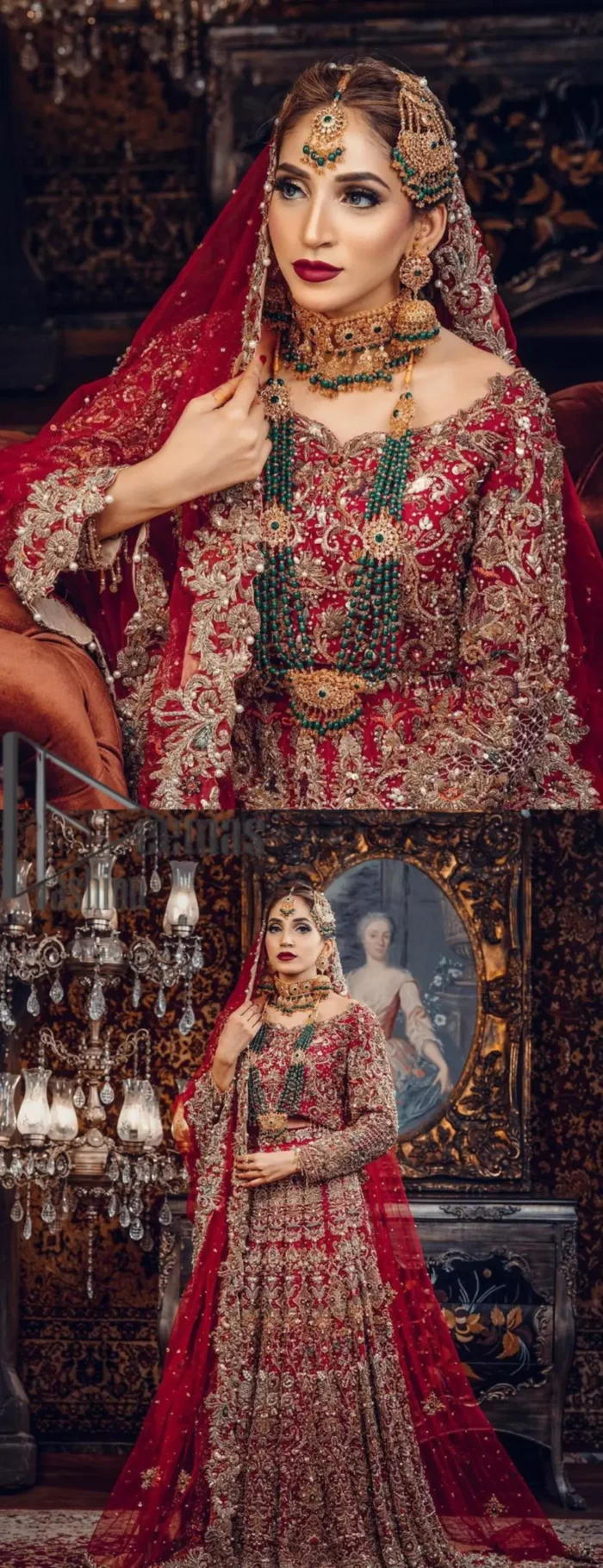 Just living is not enough, one must have sunshine, romance and a little magic on your big day. So add super magic to your big day with this Red article on Deemas Fashion. This lovely red blouse that has a sweetheart neckline is fully embellished with kora, dabka and tilla embroidery. It is synchronized with a can-can lehenga that celebrates your character as well. Furthermore, this remarkable red can-can lehenga is fully embellished with golden and dark antique embroidery that gives you extraordinary beauty. As every bride prefer the right texture so we pair up this article with an organza red dupatta that have sequins spray all around that gives a delightful feeling.