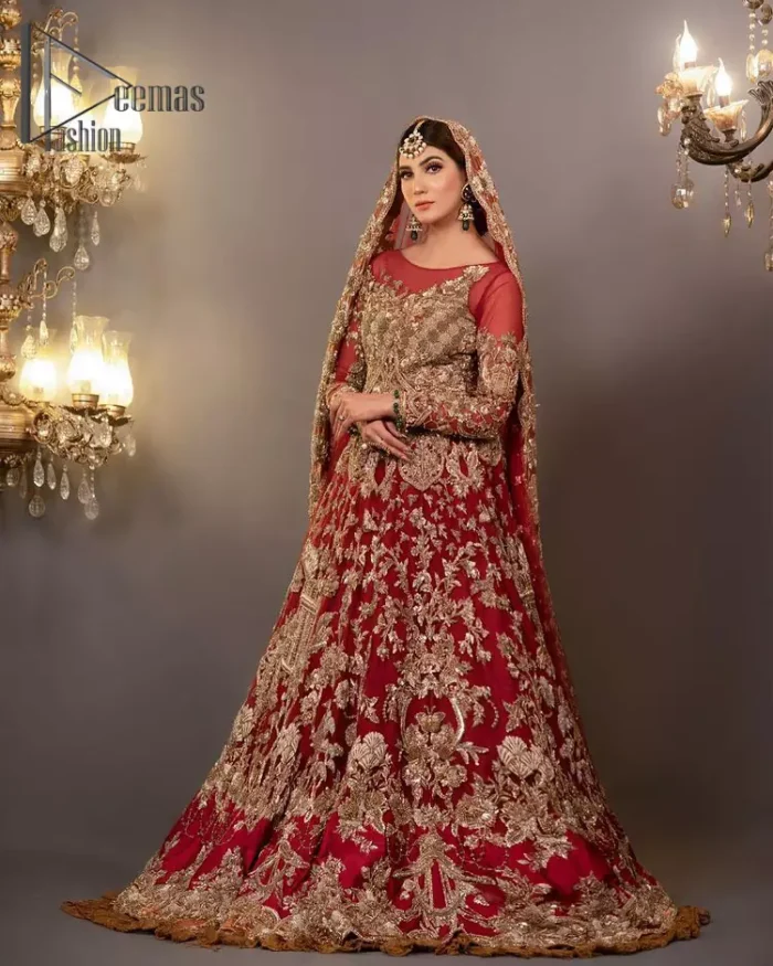 Take your style up a few notches with this bold yet elegant piece on your Big day. This red full sleeves habitual blouse choli is remarkably made with pure organza, styled easily and graciously with boat shape neckline and fully embellished with tilla, kora , dabka work. In addition to this, the frilled lehenga is also fully embellished with heavy embroidery that perfectly enhance your dazzling style on your big day. Finish this look with a red dupatta that have sequins spray all around and embellished with a four-sided scalloped border as well.