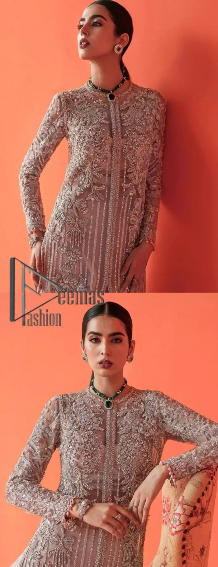 If you have a galaxy in your eyes, and immense love in your heart for your outfits then this beautiful tea rose article is just for you. This full sleeves tea rose shirt is highlighted with kora, dabka and crystal embroidery. Furthermore, Its long open-front style is looking glamorous when it pairs up with the prettiest tea rose lehenga just embellished with tiny floral motifs that give you a super-duper fairy dreamy look on any special occasion. To finish the look, go with an organza dupatta decorated with sequins spray all over.