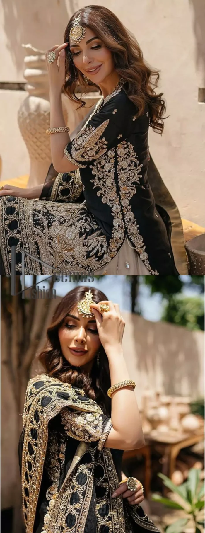 Do you want to feel like a superstar? So this stunning article is designed only for you. Just wear our black half sleeve short shirt embellished with kora, dabka and crystal work and fulfil your dream to feel like a superstar. Furthermore, It also comprises the beautiful, embellished border on the Daman. It is coordinated with a black net dupatta that is finished with geometric patterns on all four sides and comes with an Ivory can-can lehenga. The border of the lehenga is embellished with zardozi work giving a super aesthetic look to this artistic article.