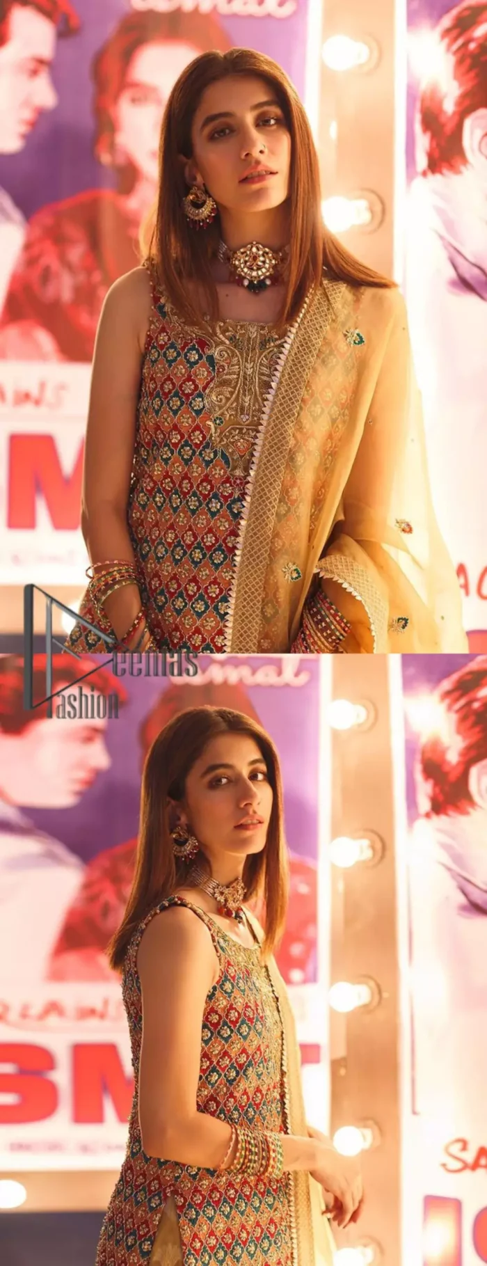 This dress is perfect for mehndi. This mehndi and mayun dress is beautifully sculptured with geometric patterns having floral motifs in it. The neckline and hemline are adorned with golden kora, dabka, tilla and sequins. It comes with golden banarsi sharara ornamented with zardozi work on borders. It comprises with organza dupatta scattered with tiny motifs and sequins spray all over the ground. 