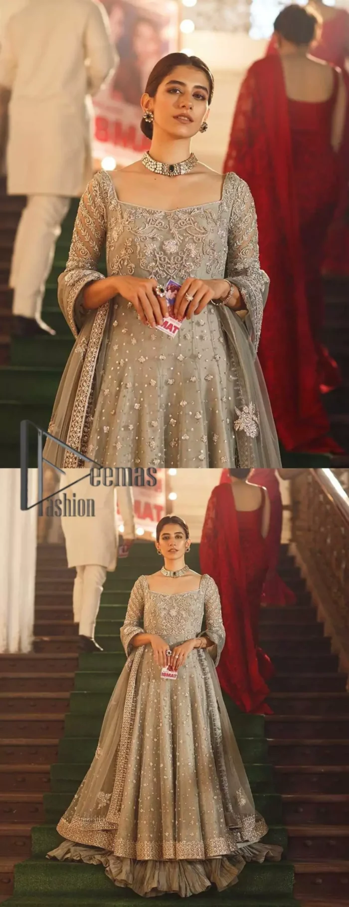 Exceptionally styled and symphonized stitching makes you gorgeous enough that it would surely make your big days remembering one. The Gray Pishwas Frock is a true beauty when it comes to the work of perfection. This Half Sleeves fit and flare attire is made to brighten up your persona with its finest adornments under its charming sweetheart neckline. It comprises gray crushed sharara and organza dupatta ornamented with a four-sided embellished border.