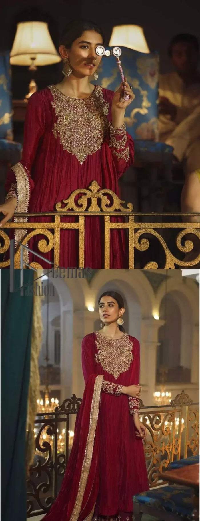 A picture of pure elegance with maroon crushed frock enhanced with embellished golden embroidered neckline. The neckline is adorned with golden kora, dabka and tilla work. Beautifully paired up with palazzo delicately crafted with embroidery on the border. With a lot of attention to detail, the intricate zardozi work using zardozi work and tilla makes the dress look like nothing but a dream. Dupatta is emphasized with lace all around the borders.
